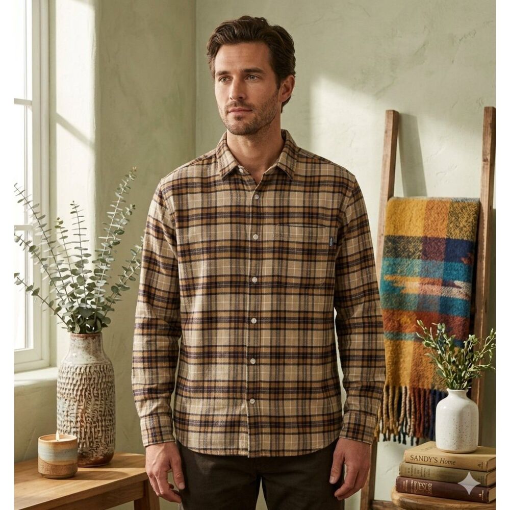 Eddie Bauer Bristol Flannel Shirt Men XL Brown Plaid Button Up Casual Outdoors